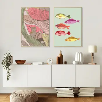 Desen animat Animale Panza Pictura Minunat Pește Pisică Floare de Postere si Printuri Pepinieră Arta de Perete Copii Imagine Decorare Camera Copilului