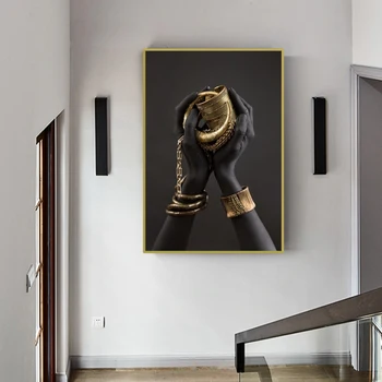 Negru și Auriu Mână Cu Brățară de Aur Pictura in Ulei pe Panza, Arta Africană Postere si Printuri de Arta de Perete de Imagine pentru Camera de zi