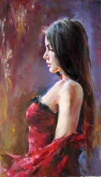 Artizanat pictură în ulei:frumoasă tânără fată în rochie roșie pictură în ulei