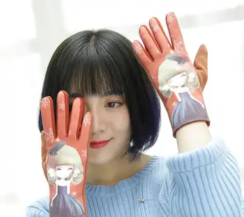 Femei toamna iarna piele de căprioară faux din piele de cald îngroșa mănuși desene animate fete de imprimare ecran tactil de conducere mănușă R217