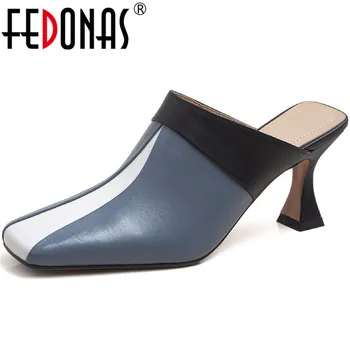 FEDONAS Concis Brand din Piele Femei Catâri Square Toe Tocuri Subtiri Sandale Pentru Fete de Vara Casual Pantofi de sex Feminin, Femeie Tocuri