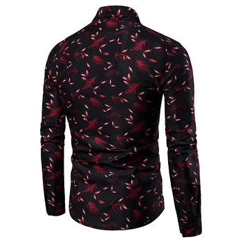 2019 Noi Bărbați Tricouri Imprimate de sex Masculin Slim Fit Maneca Lunga Camasa Barbati Rosu Negru cu Print Floral Tricouri Casual Plus Dimensiune M-4XL