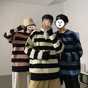 Bărbați 2020 Iarna Nou Cuplu Pulover Casual Supradimensionat Femeie Pulovere Streetwear Dungi Om Pulovere de Moda coreeană