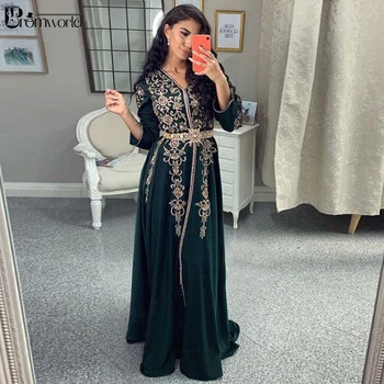 Caftan marocan Musulman Rochii de Seara 2020-Linie vestidos de noite Broderie Cristal Centura Mâneci Lungi Formale Rochie de Bal Rochie