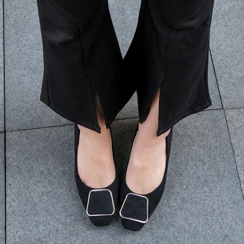 NOUA piele de căprioară square toe cu toc femei pompe cataramă de metal confortabil la jumătatea bloc toc biroul de Partid pantofi de Bună Calitate Moda 31-43