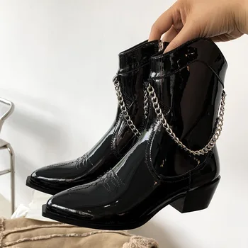 Fierbinte De Vânzare Femei Cizme Cavaler 2020 Toamna/Iarna Noi Cizme De Vest Gros Mid Cu Toc Ascutit De Metal Lanț Scurt Cizme Pantofi Negri
