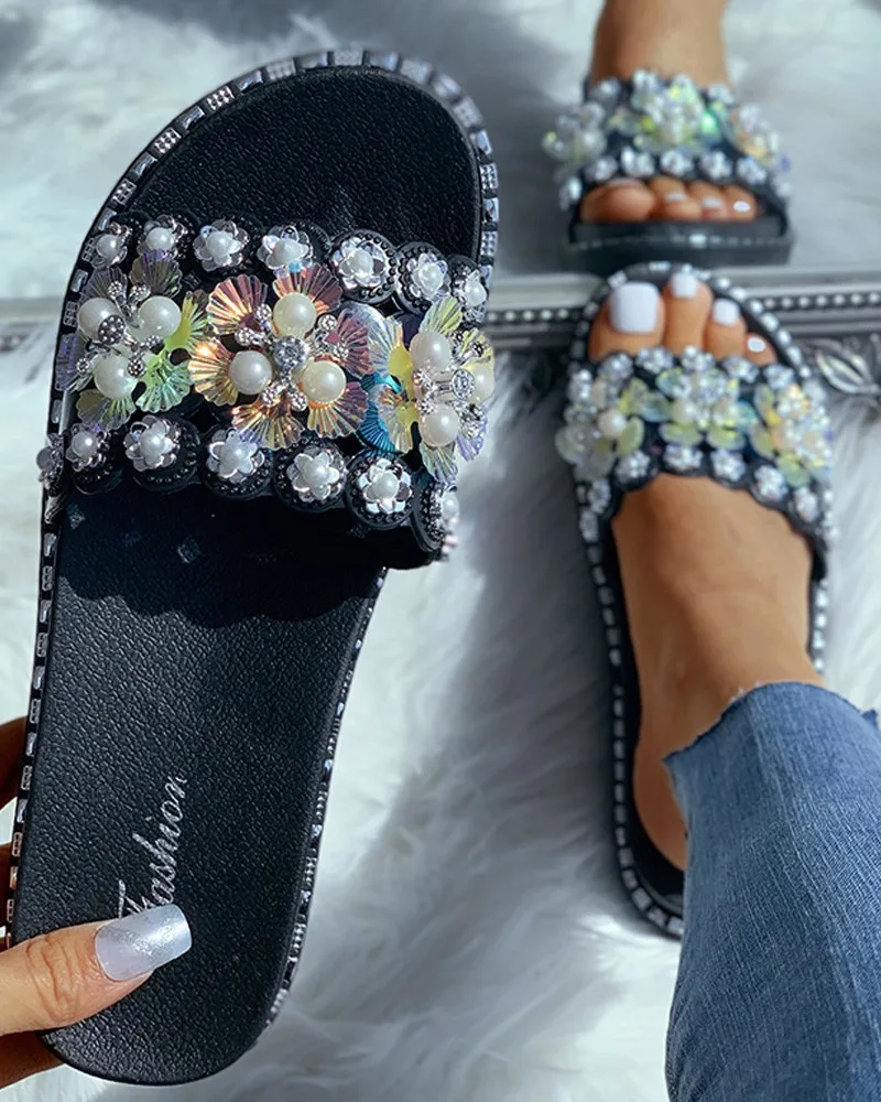 La Femei Floare Cu Margele Model De Sandale Plate 2020 Noi De Flori Platforma Papuci Cu Toc Peep Slide-Uri De Moda Pe Plaja Pantofi De Damă > Pantofi