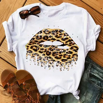 Harajuku T-shirt Maycaur Moda Leopard Buze Imprimate Tricou Femei de Vara cu Maneci Scurte Buzele Albe Tricouri Tricou coreean Strada Topuri