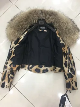 2019 femei de moda genuine piele de oaie piele sacou scurt cu mare real blană de raton guler din piele și blană de leopard de culoare