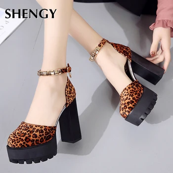 SHENGY Primavara-Vara Pantofi cu toc Înalt Femei Toc Gros Impermeabil Platforma Leopard de Imprimare Catarama Sandale Office Shoes