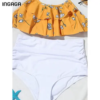INGAGA Talie Mare Bikini Costume de baie Curea Căpăstru Costume de baie Femei Dublu Zburli Biquini Costume de Baie 2021 Noi Ruched Set de Bikini