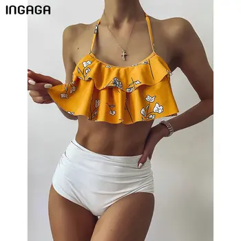 INGAGA Talie Mare Bikini Costume de baie Curea Căpăstru Costume de baie Femei Dublu Zburli Biquini Costume de Baie 2021 Noi Ruched Set de Bikini