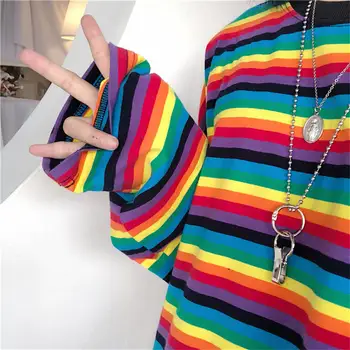 Rainbow Stripe T Shirt Toamna Harajuku Femei Camasa Maneca Lunga Plus Dimensiune Tricouri Femeie Coreean Topuri Feminine Lgbt Haine