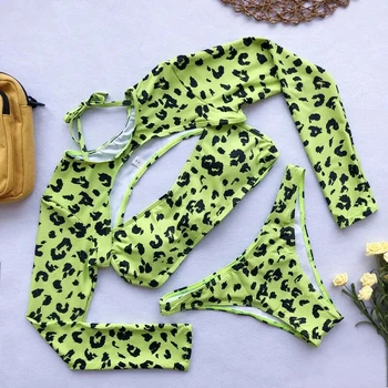 2020 maneca Lunga Verde Neon Leopard bikini femei costume de baie bikini set costum de baie sexy femeie Brazilian costum de baie pe plajă de înot purta