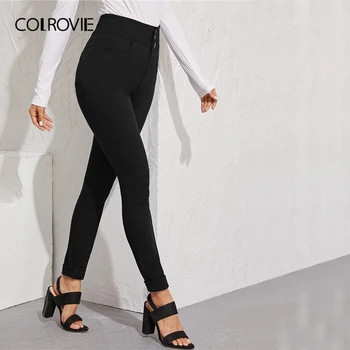 COLROVIE Negru se Spală Talie Inalta Blugi Skinny Femei 2019 Toamna Streetwear Butonul Frontal Blugi de sex Feminin Solid Lungi Casual Pantaloni din Denim