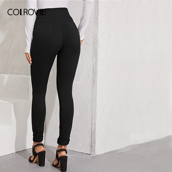COLROVIE Negru se Spală Talie Inalta Blugi Skinny Femei 2019 Toamna Streetwear Butonul Frontal Blugi de sex Feminin Solid Lungi Casual Pantaloni din Denim
