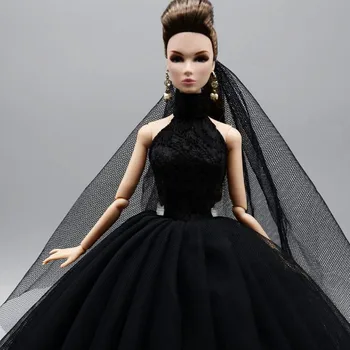 Negru Moda Gât Rochie De Mireasa Pentru Papusa Barbie Costume De Printesa Petrecere De Seara Rochie Lunga Rochii De Papusa Haine Si Voal