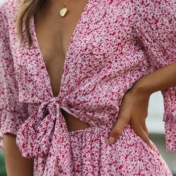 Tipărite Femei Rochii De Vara Sexy Gât Adânc V Flare Sleeve Petrecere Pe Plaja Mini-Rochie Lace Zburli Casual Rochie De Vacanță Vestidos