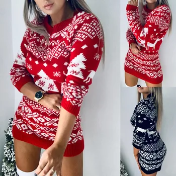 Femei pe Gât O Elk Fulg de nea crăciun Crăciun pulover Pulover tricot Rochie Mini Iarna Cald Tricotate Rochie Pulover Casual Patchwork