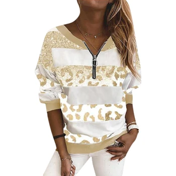 Fermoar V Gât Tricou Femei Toamna Top Mozaic Leopard Imprimate Pulovere Femei De Îmbrăcăminte Casual Cu Maneci Lungi Tricouri Topuri