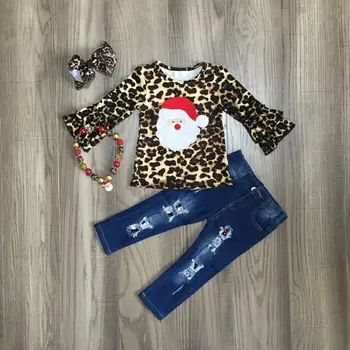 Fete pentru copii haine de crăciun fete, blugi, costume de moș crăciun tee leopard top blugi pantaloni fete haine cu accesorii