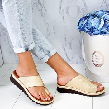 Argint doamnelor din Piele PU Sandale Wedges Confortabil Platforma Plat Casual Femei Moi Degetul Mare Picior de Corecție Pantofi Correctores