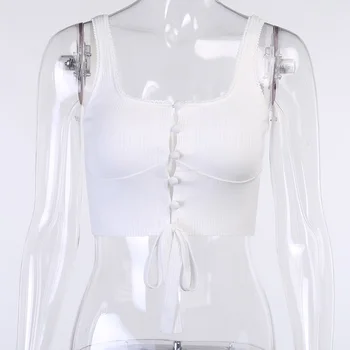 LVINMW Pătrat Sexy Guler fără Mâneci fara Spate Dantela-Up Gol Cu Butoane de Vară 2020 Femei Subțire Solid Tank Topuri Streetwear
