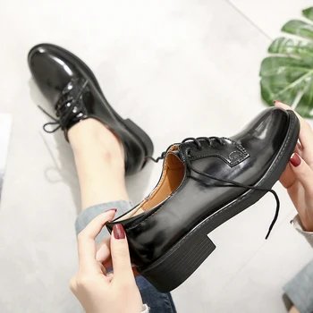 Teahoo Negru Din Piele De Brevet Pantofi Oxford Pentru Femei Dantela Femei Pantofi Plat Rotund Toe Oxfords Femei Casual Baza Pantofi De Femeie