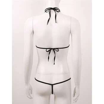 Femei Set de Lenjerie Erotica Metalic Strălucitor Halter Tie-pe Mini Bikini Sutien Topuri cu G-String Lenjerie Sexy Beachwear Rave Haine