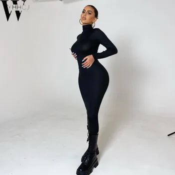 WYHHCJ 2020 Guler Negru Skinny Club Petrecere la Mijlocul lunii Vițel Rochii Femei Maneca Lunga Moda Gol Afară de Toamna Bodycon Rochie Sexy