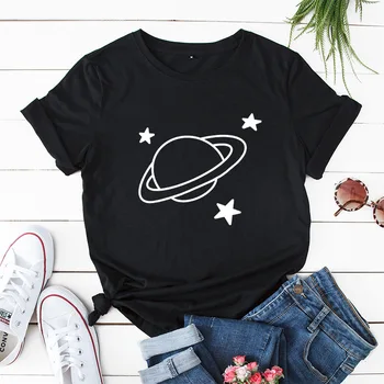 Plus Dimensiune S-5XL Planet Star Print Bumbac T-Shirt pentru Femei Cămăși pentru O Gâtului Maneca Scurta de Vara Femei Tricou Top Femei T Shirt
