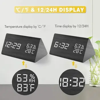 Umiditate Și Temperatură Ceas Deșteptător Triunghi Digital Camera Copilului Lemn Ceas Mut Luminos Led Electronic Cadou