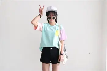 2020 Xiao Hua acasă versiunea coreeană a școlii bomboane de culoare patch-uri în vrac pocket T shirt personalitate sălbatice trend
