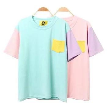 2020 Xiao Hua acasă versiunea coreeană a școlii bomboane de culoare patch-uri în vrac pocket T shirt personalitate sălbatice trend