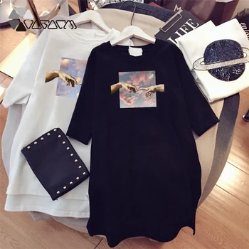Vara Femei T-shirt Dress MICHELANGELO Sky Print O-Gat Maneci Scurte Harajuku Tricou Mini Petrecere pe Plaja Rochie Vestidos Femme Halat