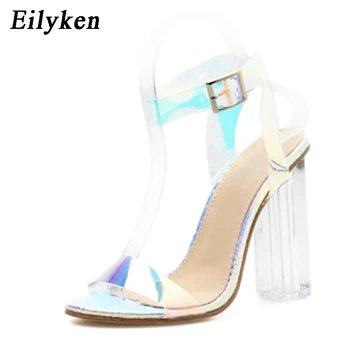 Eilyken Vara Sexy din PVC Transparent tocuri inalte Femei Sandale Pantofi Cataramă de Curea pentru Femei de Moda de Cristal Toc Pătrat Petrecere Sandale