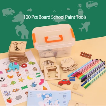 100buc Copilul de Desen, Jucării din Lemn, Pictura Template-uri Placa de Desen pentru Copii Vopsea de Instrumente de Desen Set pentru Copii Jucarii Educative Cadou