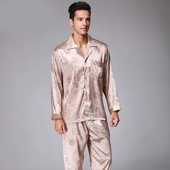 Cargon Satin Imprimat Barbati Set de Pijama cu Maneca Lunga de Toamna Homewear de Mătase pentru Bărbați Pijamale Costum Casual, din Două Piese, Pijamale de sex Masculin L-XXL