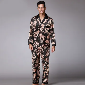 Cargon Satin Imprimat Barbati Set de Pijama cu Maneca Lunga de Toamna Homewear de Mătase pentru Bărbați Pijamale Costum Casual, din Două Piese, Pijamale de sex Masculin L-XXL