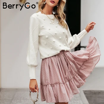 BerryGo Elegant pompon alb pulover femei gât O lanternă cu maneci tricotate pulover feminin pulover Streetwear dulce doamnelor jumperi