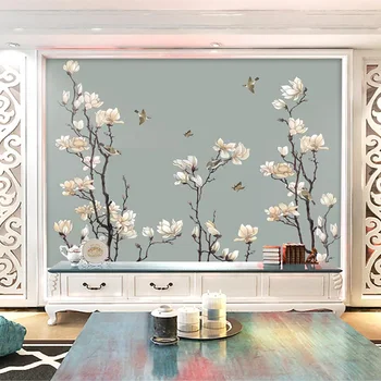 Fotografie Tapet în Stil Chinezesc de Mână-pictat Flori Magnolia Pasari picturi Murale TV Camera de zi Studiu Decor Acasă Papel De Parede Fresco