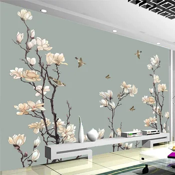 Fotografie Tapet în Stil Chinezesc de Mână-pictat Flori Magnolia Pasari picturi Murale TV Camera de zi Studiu Decor Acasă Papel De Parede Fresco