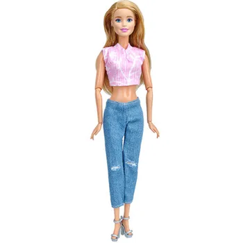 5Set Costum de Moda Pentru Papusa Barbie Top Scurt & Blugi pantaloni Pantaloni Handmade, Haine Pentru Păpuși Barbie 1/6 Papusa Accesorii