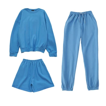 Vândute Separat Femei Treninguri 3 Piese Supradimensionate Tricoul Sweatpant Sportive Pantaloni Scurți Sudoare 3 Bucata Costum De Culoare Solidă Seturi