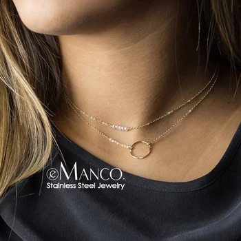 E-Manco la Modă cu mai Multe straturi de oțel inoxidabil colier femei Delicate Imitații de perle Cravată Colier pentru femei