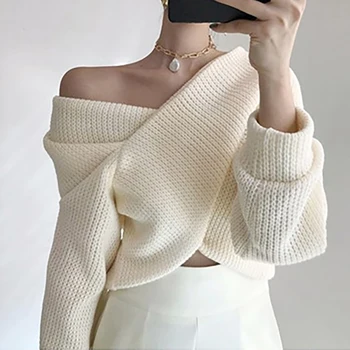 Criss-Cross Crop Sweater de Pe Umăr Pulover v Neck Stil coreean Femei Tricotate Lazy Oaf Harajuku Toamna Alb Albastru Sueter 2020