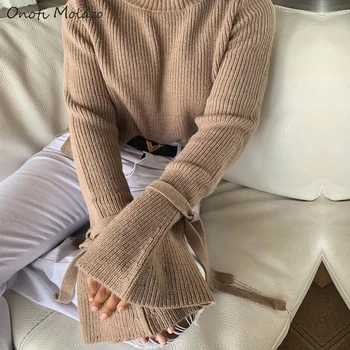 Onoti solid flare sleeve eșarfe doamne de birou de bază tricotate pulover chic vintage sex feminin pulover de toamna iarna femme pulll 2020