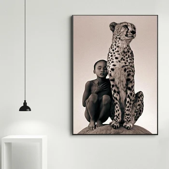 Copilul cu Ghepard Tablouri Canvas Wall Art Postere si Printuri de Animale Natura Perete Panza Imaginile pentru Camera de zi Cuadros