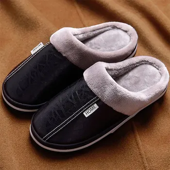 Bărbați papuci din piele de iarnă caldă papuci de casa impermeabil 2020 anti murdare de pluș de sex masculin papuci non-alunecare plus dimensiune 7.5-16