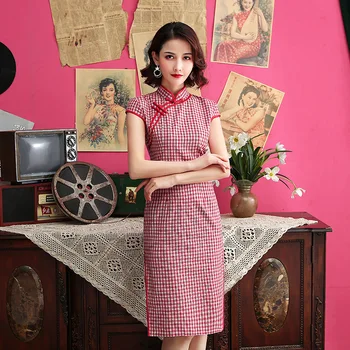 Femei Sexy Slim din Bumbac Qipao Primăvară Carouri Cheongsams Rochie vestidos de Arta Fata de Student Tradiționale de îmbrăcăminte din China